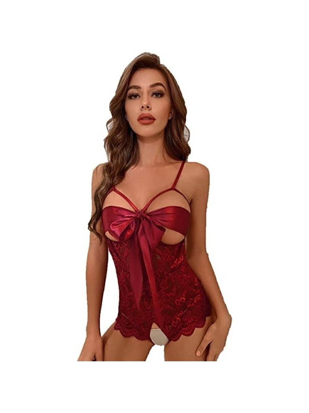 Front Bow Cover Red Teddy Lingerie One Piece Floral Lace Bodysuit Babydoll NWT